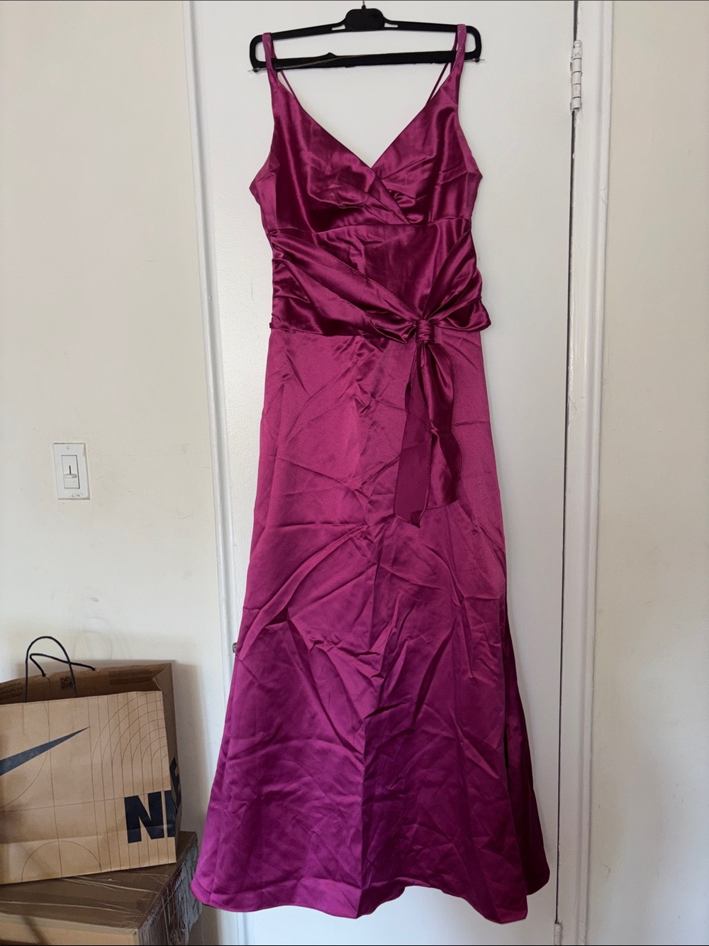 Satin Maxi Slip Dress with Side Tie in Magenta